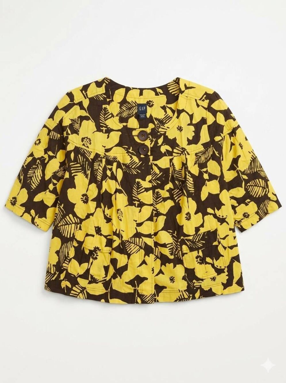 🇬🇪🔹️Vintage Basic Editions Yellow & Brown Floral Linen Blend Cropped Swing Ja